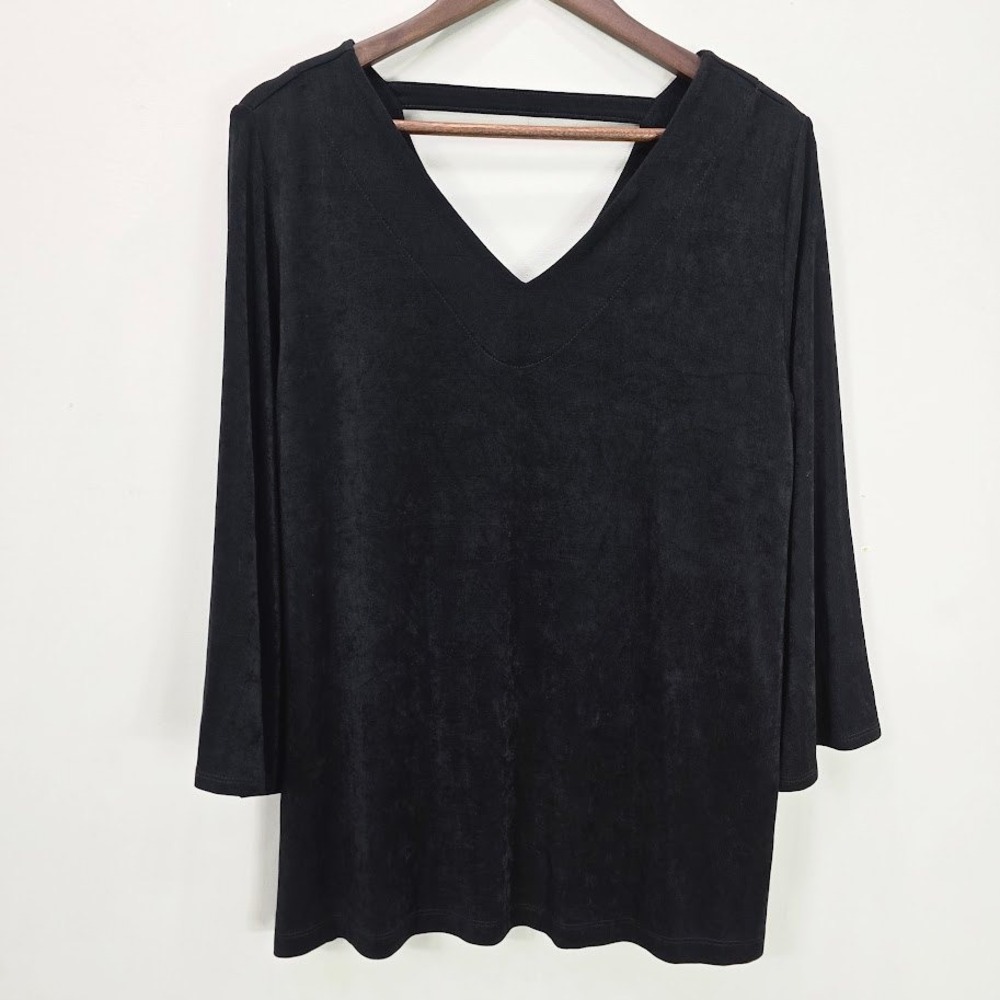 Chico's Travelers Blouse Top M Black Slinky V Neck Bell Sleeve Minimalist Office